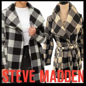 Steve Madden Heather Black/White Buffalo Check Belted Wrap Coat (L)